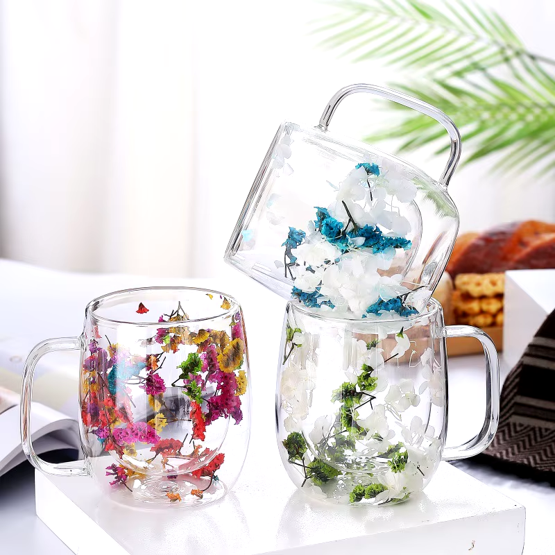 Imported Acrylic Double Wall Glass Mug Cup (Not Glass) with Dry Flower