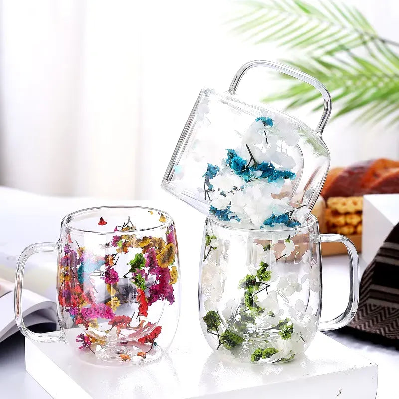 Imported Acrylic Double Wall Glass Mug Cup (Not Glass) with Dry Flower