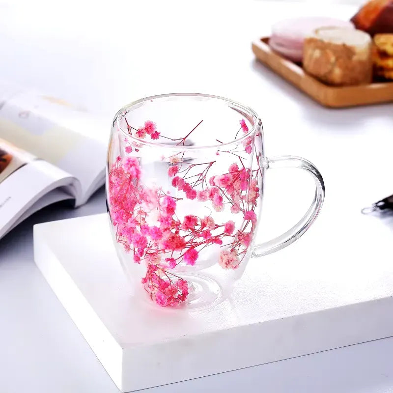 Imported Acrylic Double Wall Glass Mug Cup (Not Glass) with Dry Flower