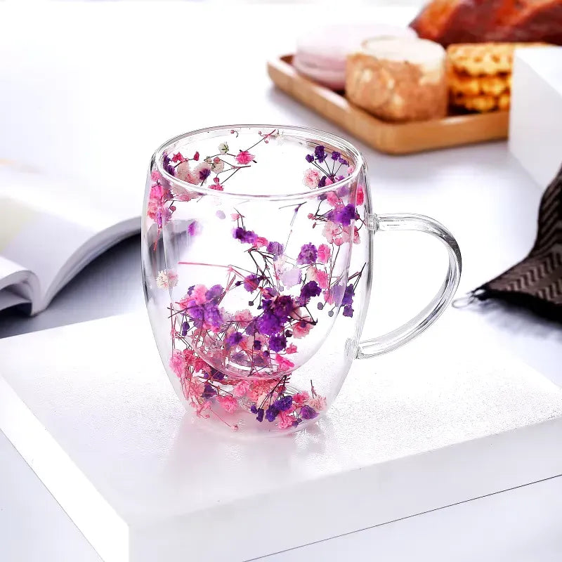 Imported Acrylic Double Wall Glass Mug Cup (Not Glass) with Dry Flower