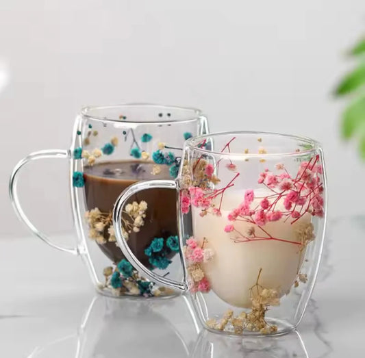 Dry Flowers Double Wall Glass Cup, Transparent