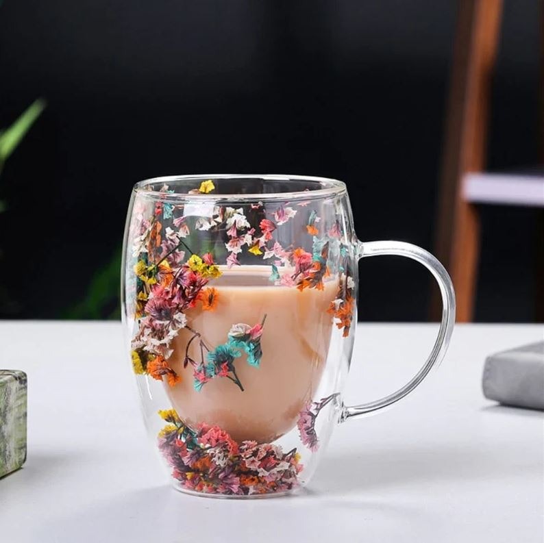 Imported Acrylic Double Wall Glass Mug Cup (Not Glass) with Dry Flower