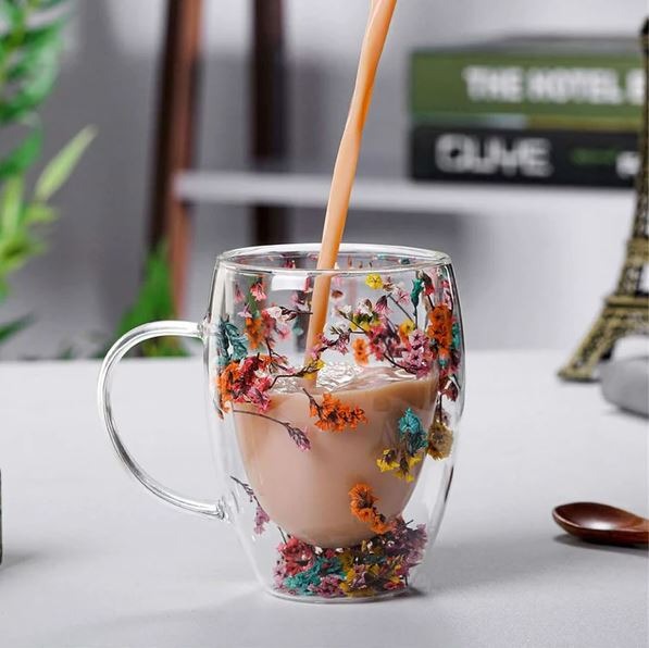 Imported Acrylic Double Wall Glass Mug Cup (Not Glass) with Dry Flower