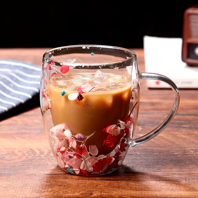 Imported Acrylic Double Wall Glass Mug Cup (Not Glass) with Dry Flower
